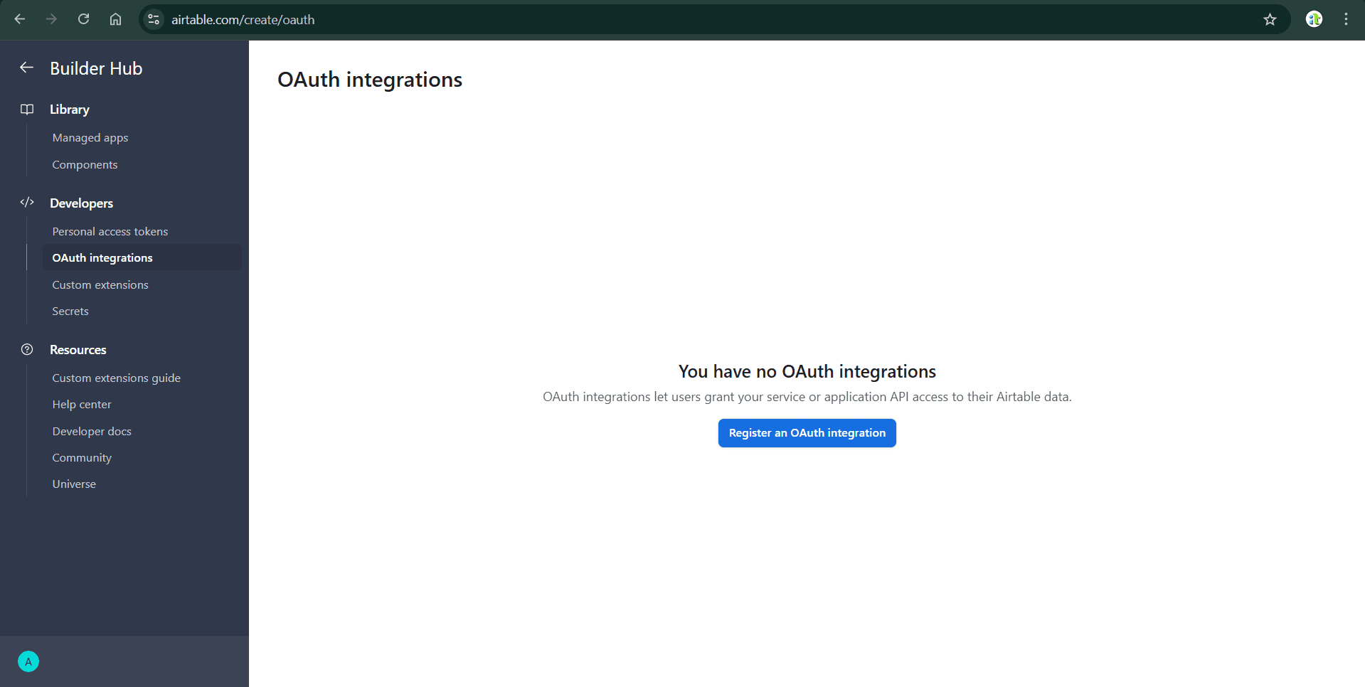 Airtable OAuth Integrations Page