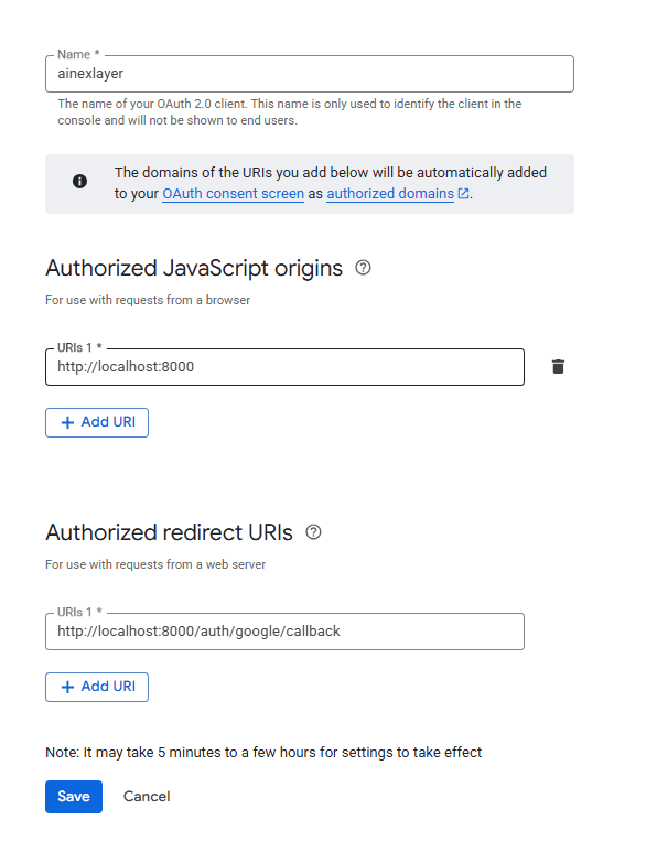 Google Developer Console Config