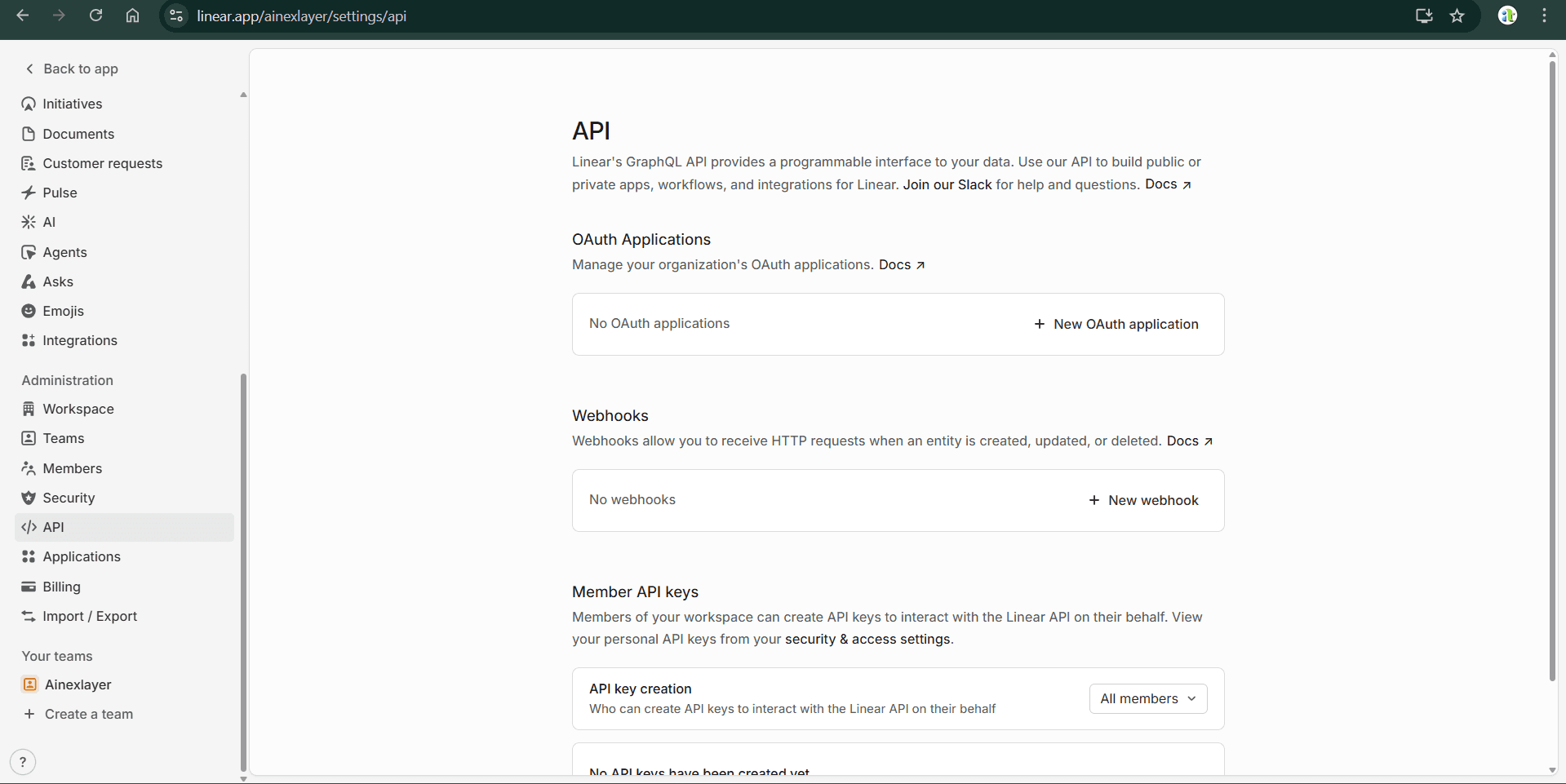 Linear API Settings Page