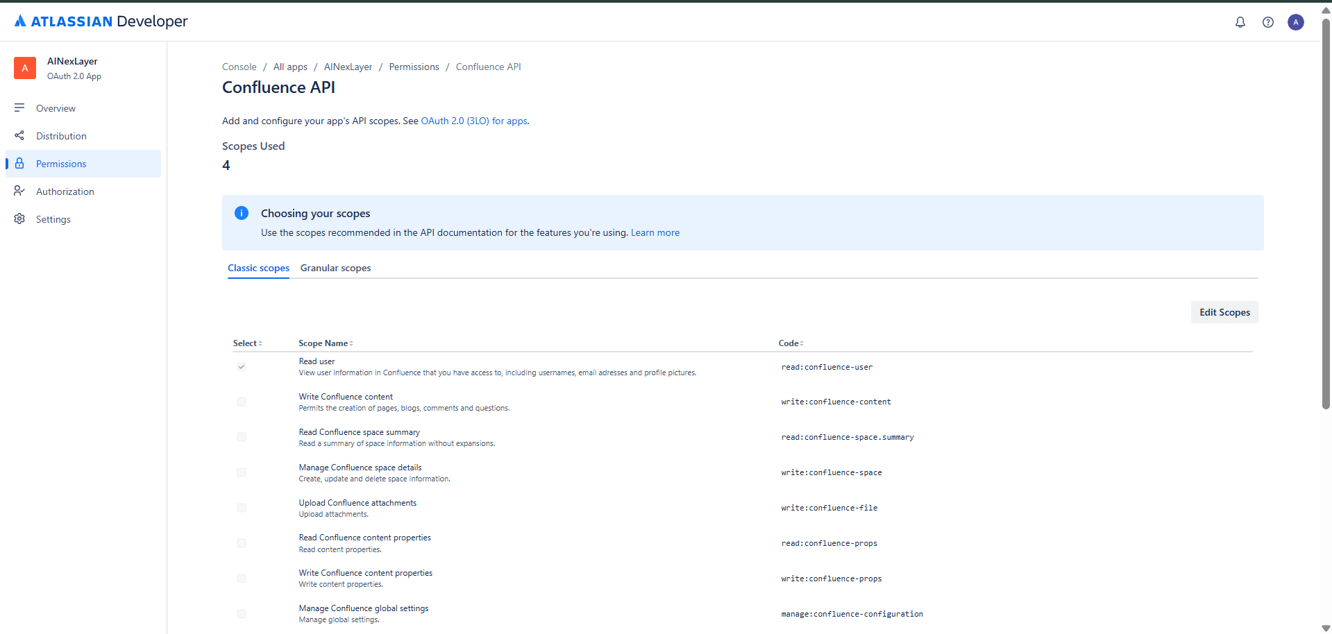Confluence API Classic Scopes