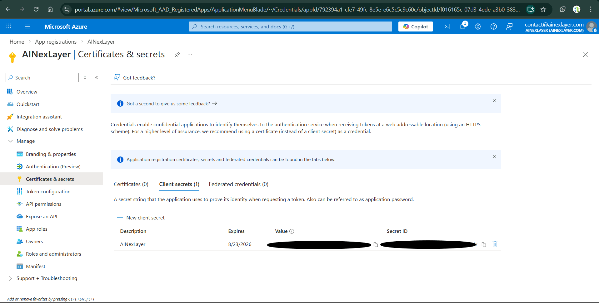 Certificates & Secrets - Created