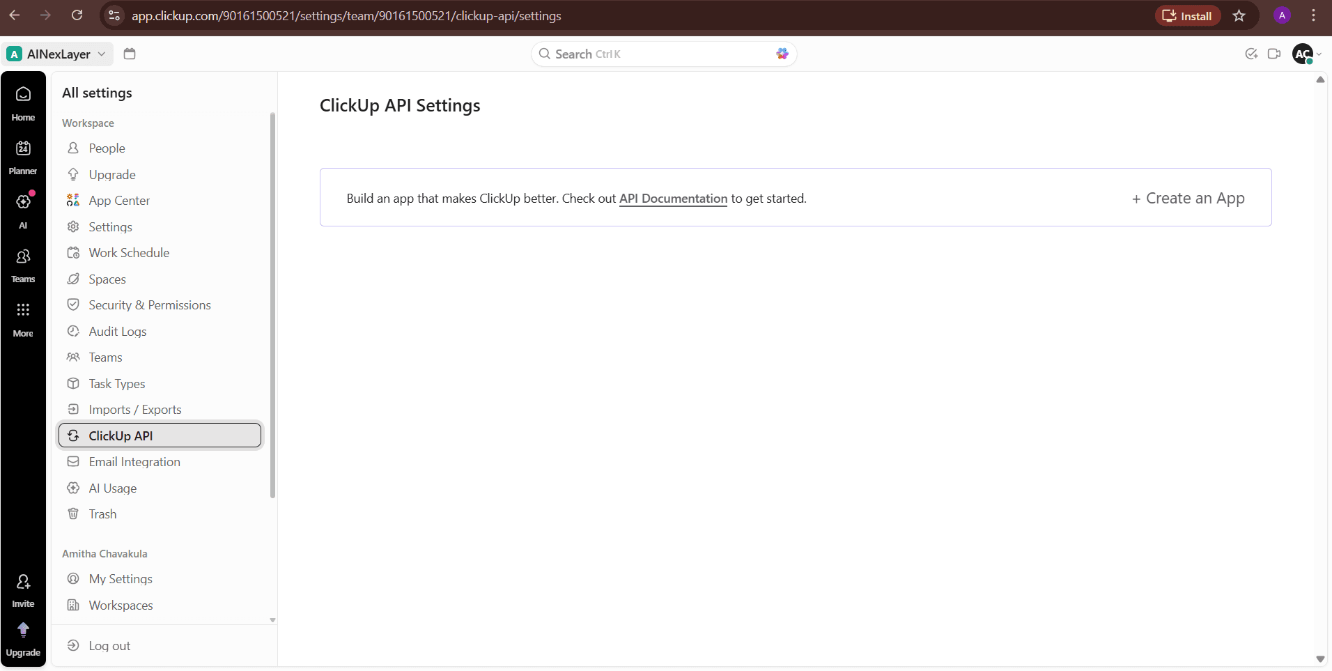 ClickUp API Settings Page